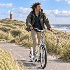 Ein Mann in warmer Jacke mit dem Laufrad in den Dünen, im Hintergrund der Leuchtturm